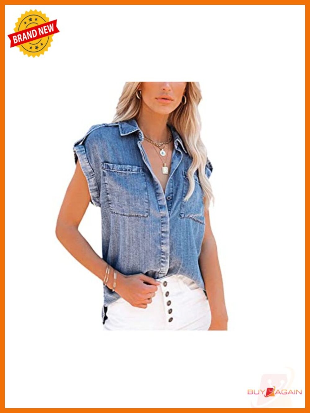 Women's Sleeveless Denim Jean Shirt Button Down Casual